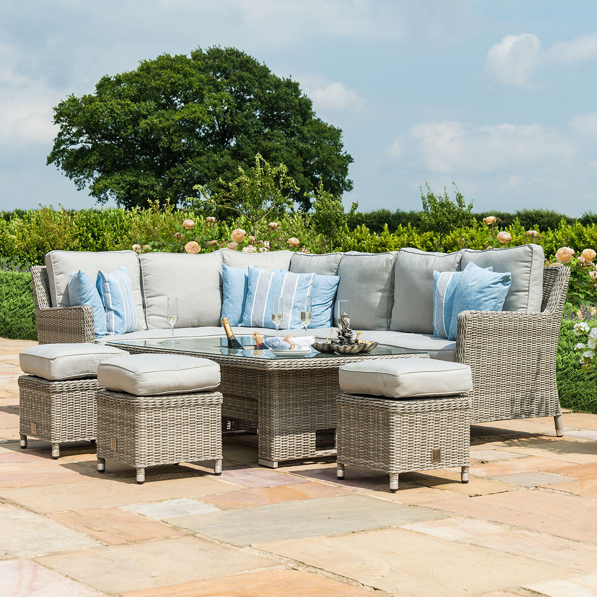 Maze Oxford Grey Rattan Outdoor Corner Sofa Dining Set with Ice Bucket & Rising Table | 6-8 Seater